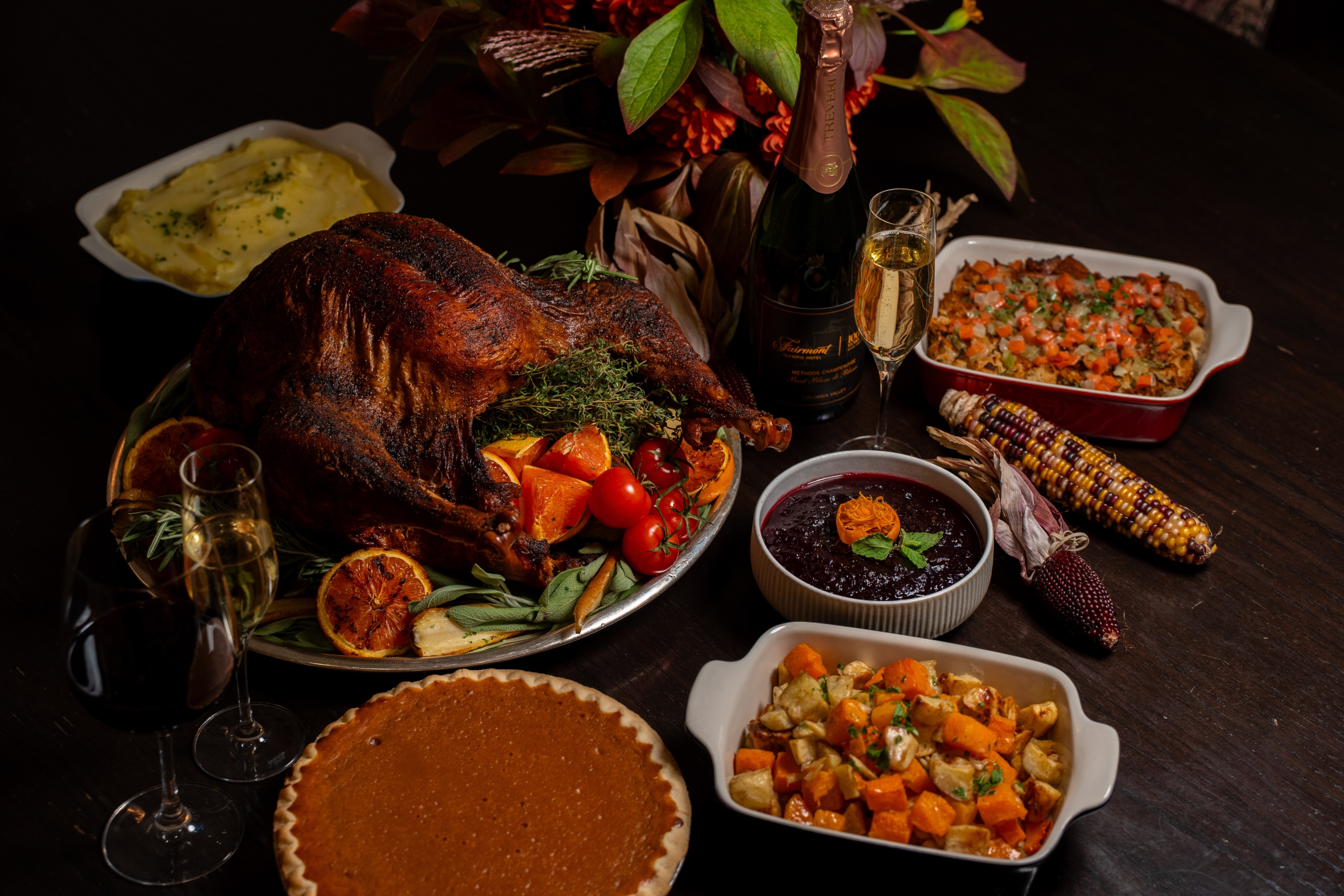 Turkey dinner with flowers in background