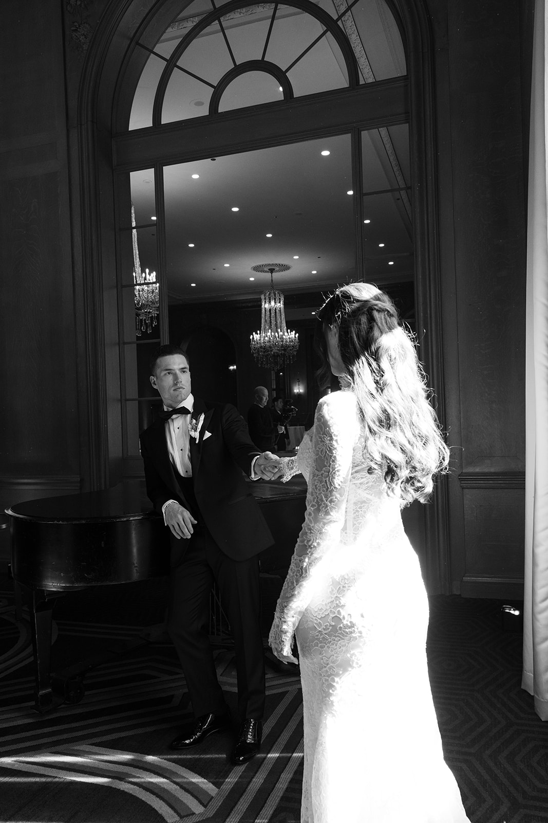 black and white photo of wedding couple